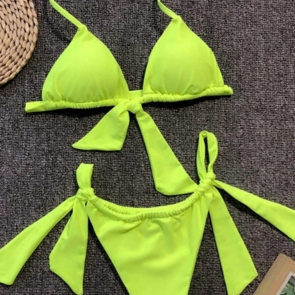 New Neon Slide Triangle Top and Slide Side Tie Bottom Bikini Set Swimsuit Size L - Picture 7 of 8
